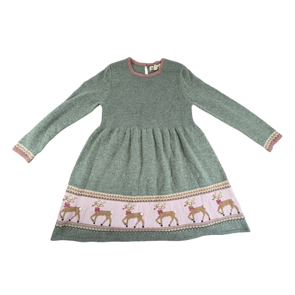 Mini Boden Sweater Dress Girls 7-8 Green Reindeer Fair Isle Knit Winter Holiday